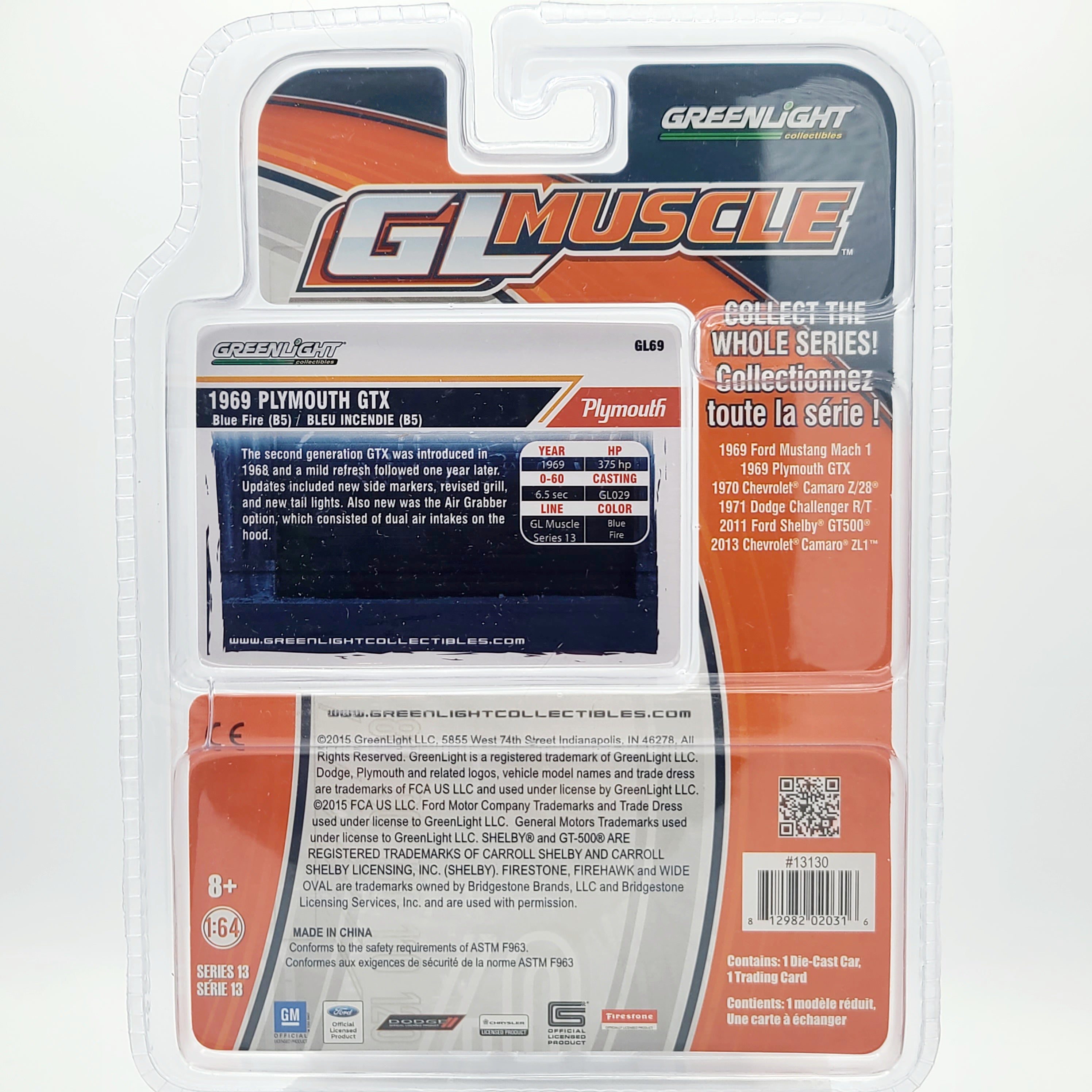 GreenLight '69 Plymouth GTX w/ Trading Card - 1:64, Blue Fire (2015 GL Muscle Series 13)